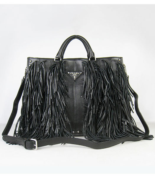 Prada Shoulder Tote Tassel Handbag Black Calfskin