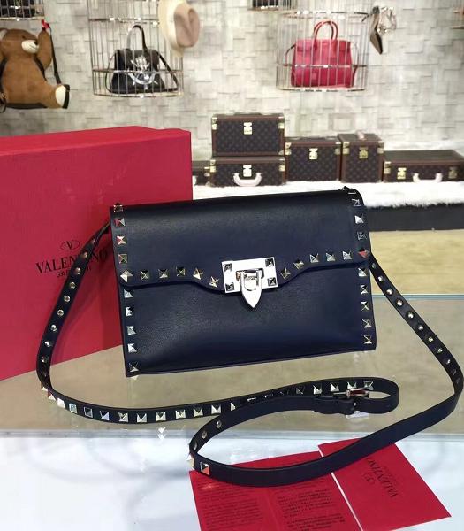 Valentino Black Upper Calfskin Leather Golden Rivet Messenger Bag