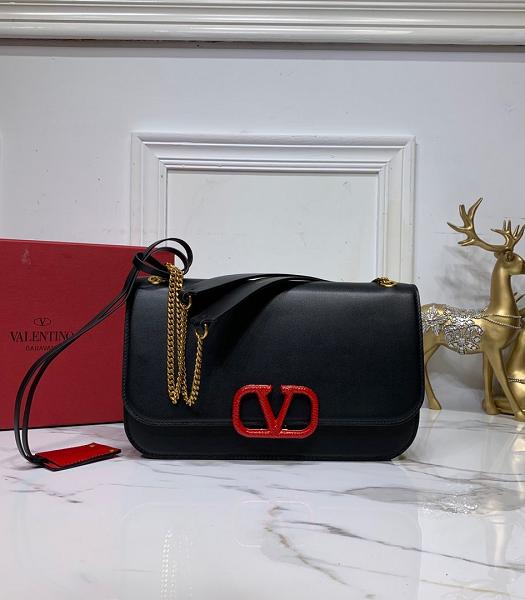 Valentino Garavani Clock Red Buckle Black Lambskin Leather 27cm Shoulder Bag