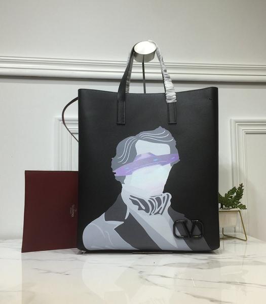 Valentino Garavani Garavani N/S Vring Drawing Black Calfskin Leather Shopping Bag