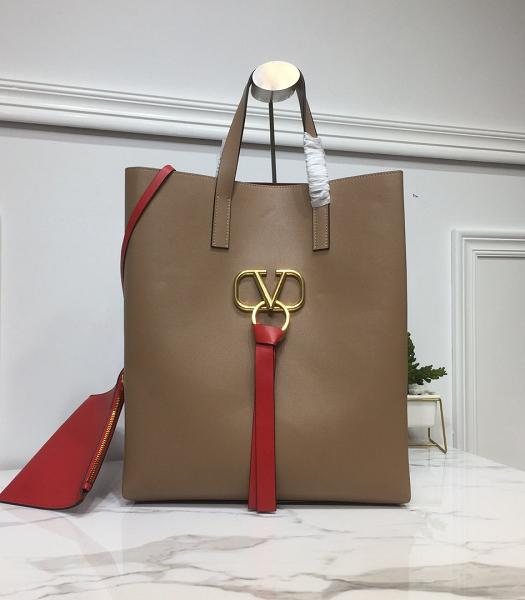 Valentino Garavani Garavani N/S Vring Golden Buckle Apricot Calfskin Leather Shopping Bag