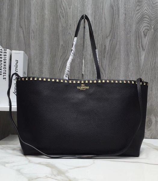 Valentino Garavani Rockstud Black Litchi Calfskin Leather Shopping Bag