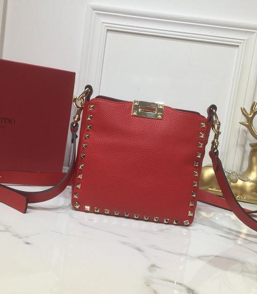 Valentino Garavani Rockstud Golden Rivet Red Litchi Calfskin Leather Mini Hobo Bag