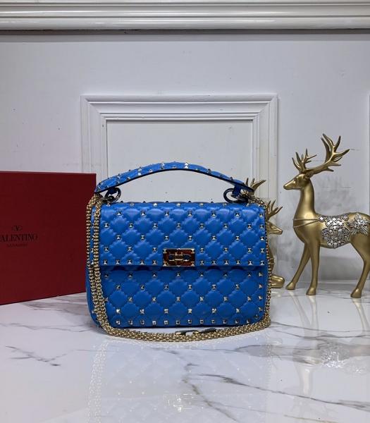 Valentino Garavani Rockstud Spike Blue Imported Lambskin 24cm Top Handle Chain Bag