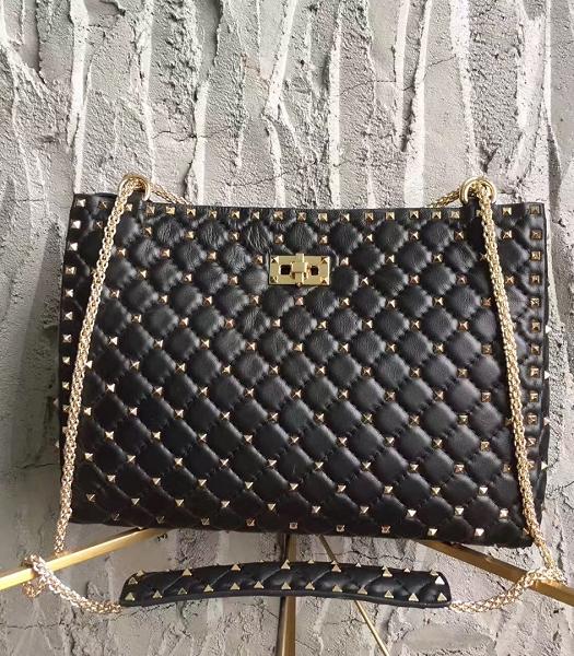 Valentino Garavani Rockstud Spike Golden Rivet Black Soft Lambskin Leather Large Tote Bag