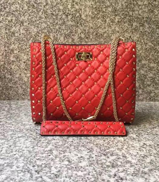 Valentino Garavani Rockstud Spike Rivet Red Soft Lambskin Leather Medium Tote Bag