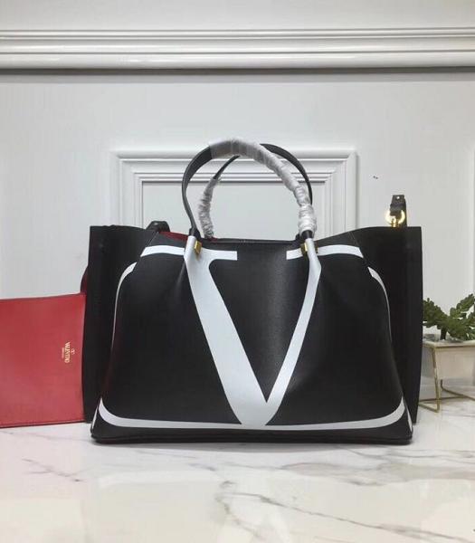 Valentino Garavani White VLOGO Escape Black Calfskin Leather Large Shopping Bag