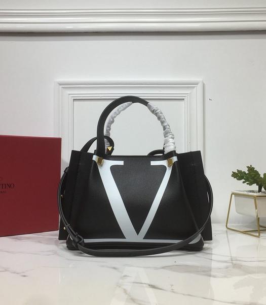 Valentino Garavani White VLOGO Escape Black Calfskin Leather Medium Shopping Bag