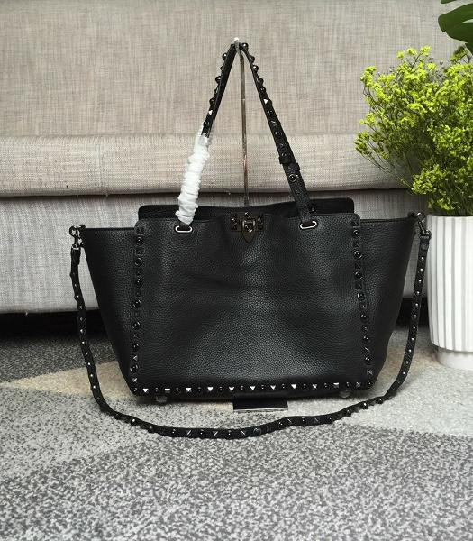 Valentino Rockstud Black Rivet Black Litchi Calfskin Leather Tote Shopping Bag