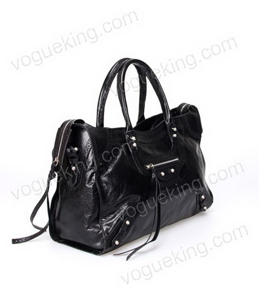 Balenciaga Handbag Black Imported Oil Leather Pearl Silver Nails-1