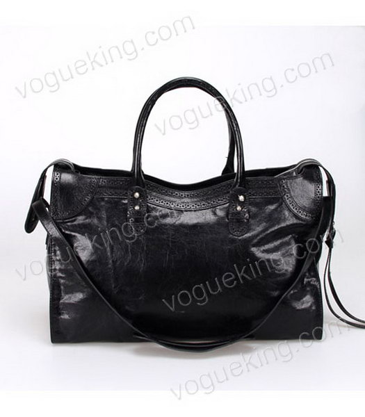 Balenciaga Handbag Black Imported Oil Leather Pearl Silver Nails-2