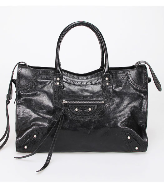 Balenciaga Handbag Black Imported Oil Leather Pearl Silver Nails