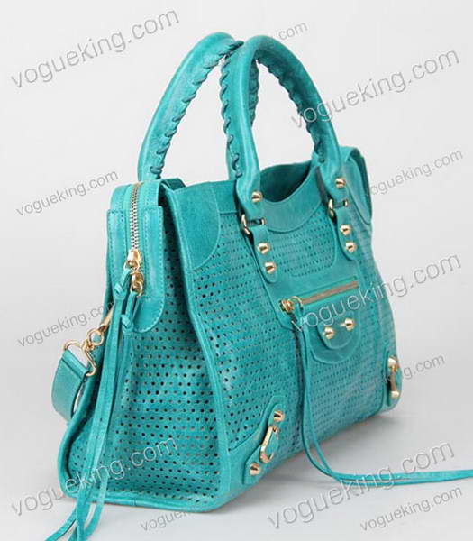 Balenciaga Handbag Imported Sea Blue Oil Leather With Golden Nails-2