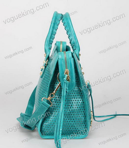 Balenciaga Handbag Imported Sea Blue Oil Leather With Golden Nails-3