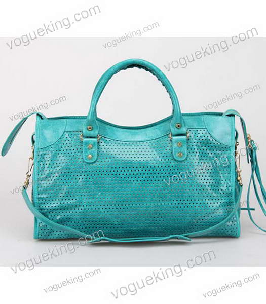 Balenciaga Handbag Imported Sea Blue Oil Leather With Golden Nails-4
