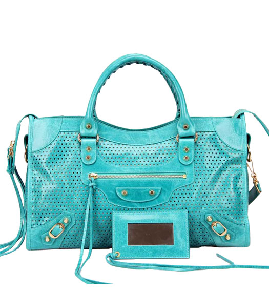 Balenciaga Handbag Imported Sea Blue Oil Leather With Golden Nails