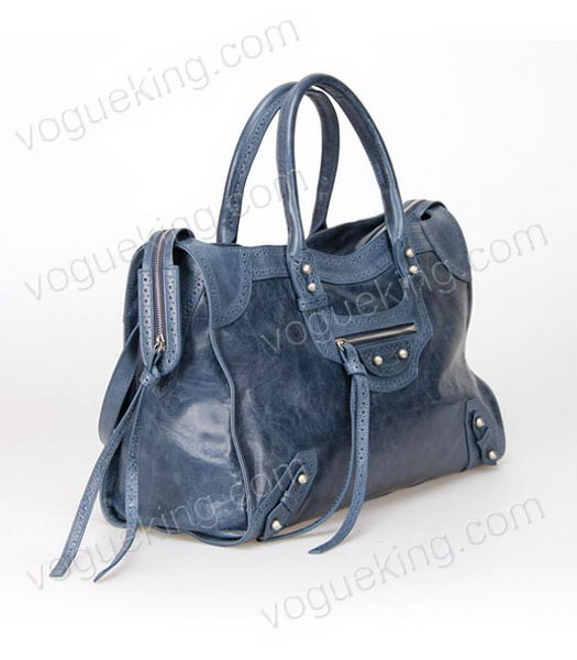 Balenciaga Handbag Sapphire Blue Imported Oil Leather Pearl Silver Nails-1