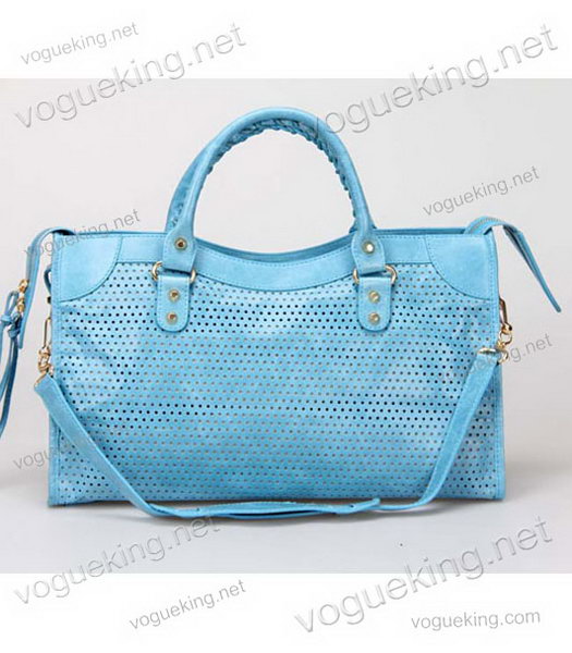 Balenciaga Handbag Sky Blue Imported Oil Leather With Golden Nails-4