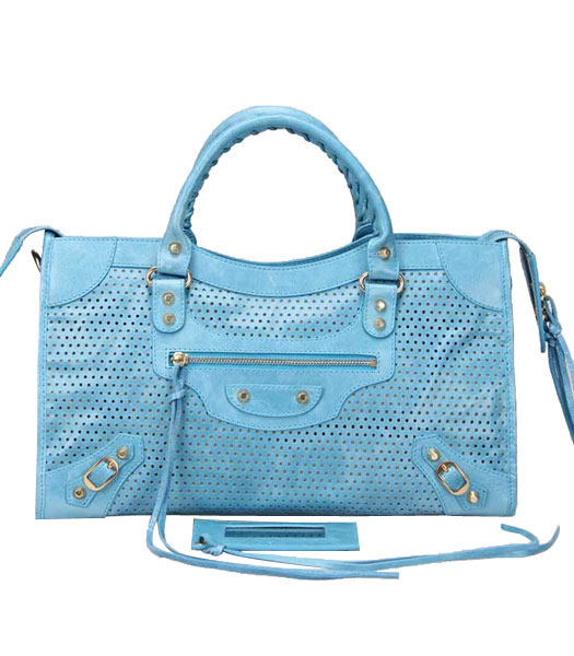 Balenciaga Handbag Sky Blue Imported Oil Leather With Golden Nails