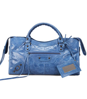 Balenciaga Large Part-Time Bag in Sea Blue Original Leather With Small Nails