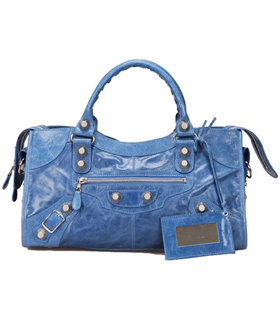Balenciaga Large Part-Time Bag in Sea Blue Original Leather With White Nails