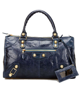 Balenciaga Le Dix Motorcycle Work Bag With Sapphire Blue Leather Golden Nails