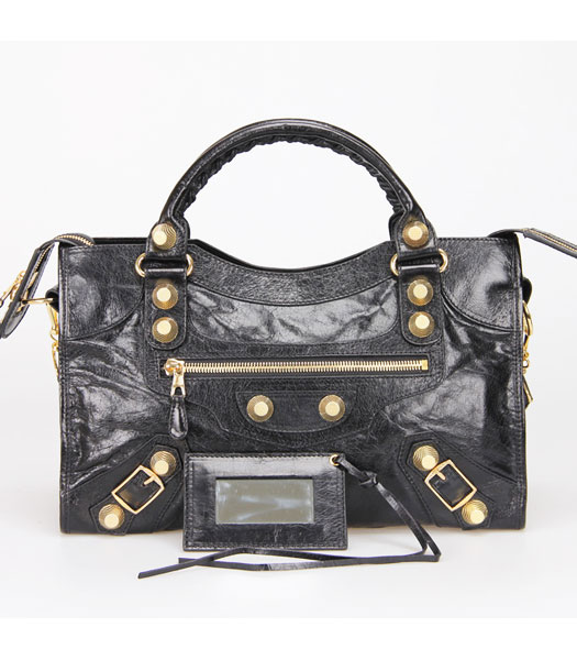 Balenciaga Motorcycle City Bag in Black Oil Leather Gold Nails