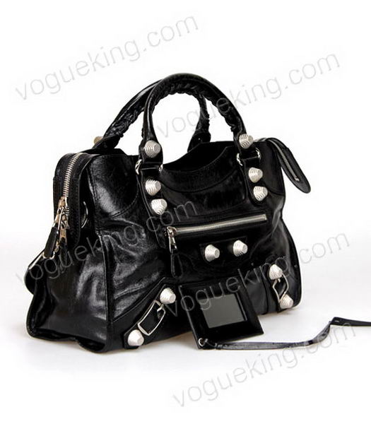 Balenciaga Motorcycle City Bag in Black Oil Leather Silver Nails-1
