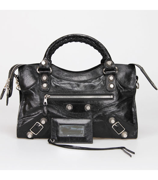Balenciaga Motorcycle City Bag in Black Oil Leather Silver Nails