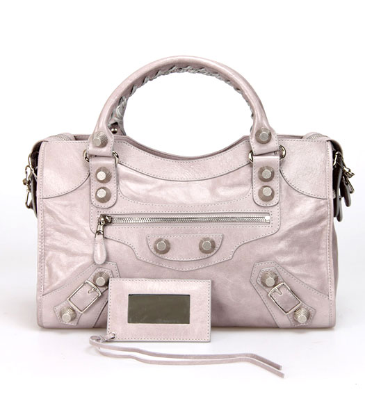 Balenciaga Motorcycle City Bag in Light Grey Oil Leather Silver Nails