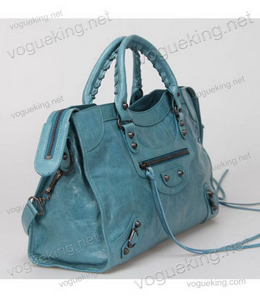 Balenciaga Motorcycle City Bag in Light Sea Blue Oil Leather Copper Nails-2