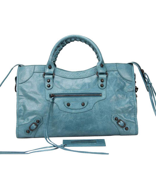 Balenciaga Motorcycle City Bag in Light Sea Blue Oil Leather Copper Nails