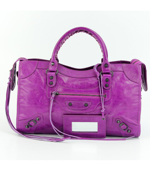 Balenciaga Motorcycle City Bag in Middle Purple Oil Leather (Copper Nails)