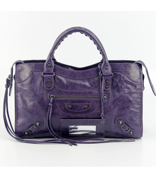 Balenciaga Motorcycle City Bag in Purple Blue Oil Leather (Copper Nails)