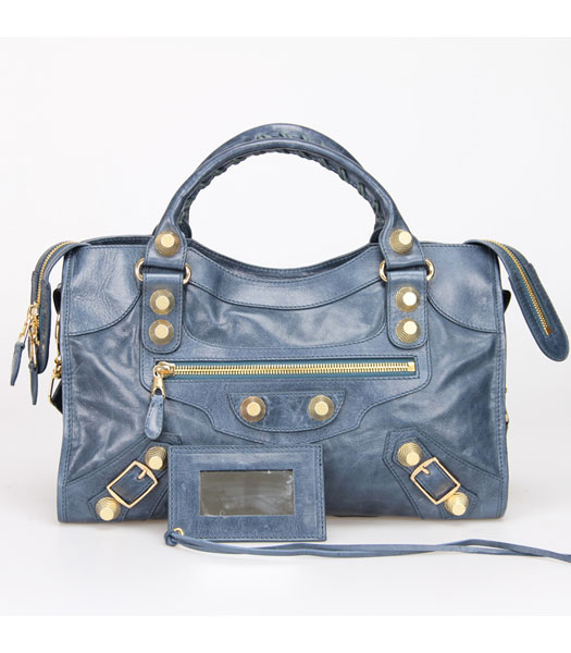 Balenciaga Motorcycle City Bag in Sapphire Blue Oil Leather Gold Nails
