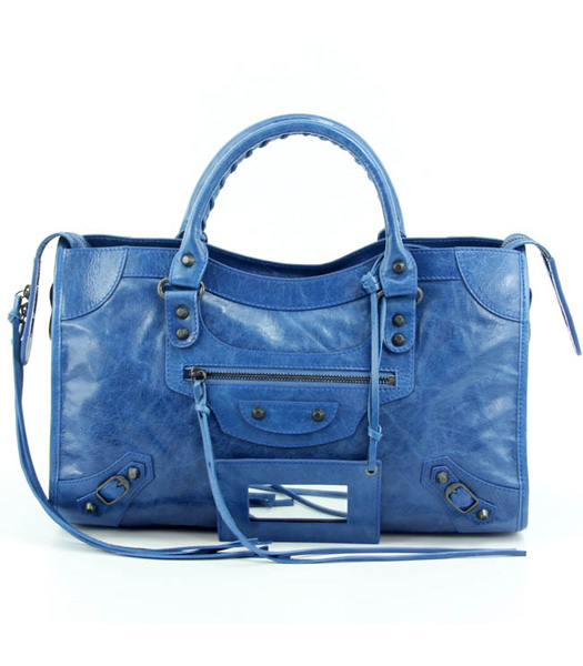 Balenciaga Motorcycle City Bag in Sea Blue Oil Leather (Copper Nails)