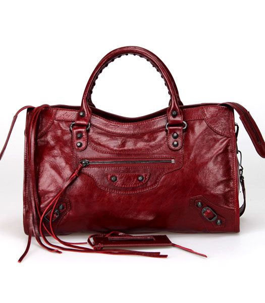 Balenciaga Motorcycle City Bag in Wine Red Oil Leather Copper Nails