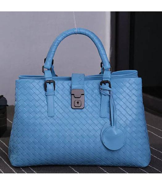 Bottega Veneta Imported Sheepskin Leather Woven Tote Bag Blue