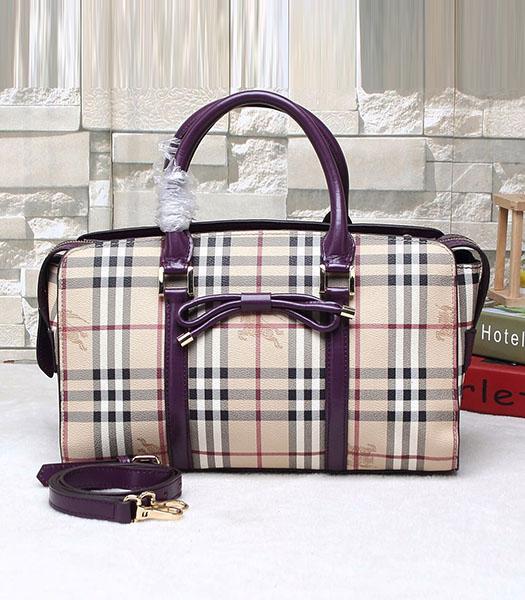 Burberry Check Canvas With Calfskin Leather Bow-knot Tote Bag Purple