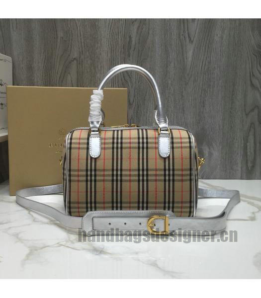 Burberry Check Canvas With Original Leather Small Tote Bag Silver-2