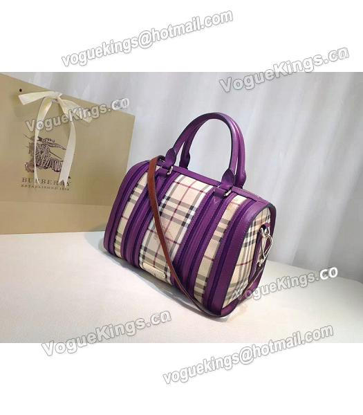 Burberry Check Canvas With Purple Leather Classic Boston Tote Bag-1