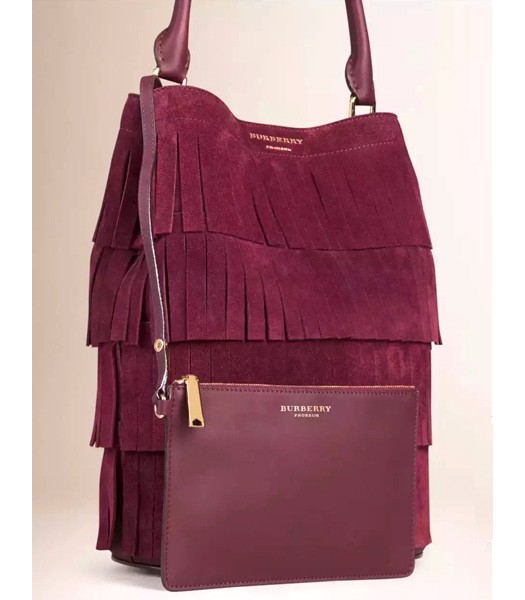 Burberry Decorative Tassels Suede Leather Tote Bag Wine Red
