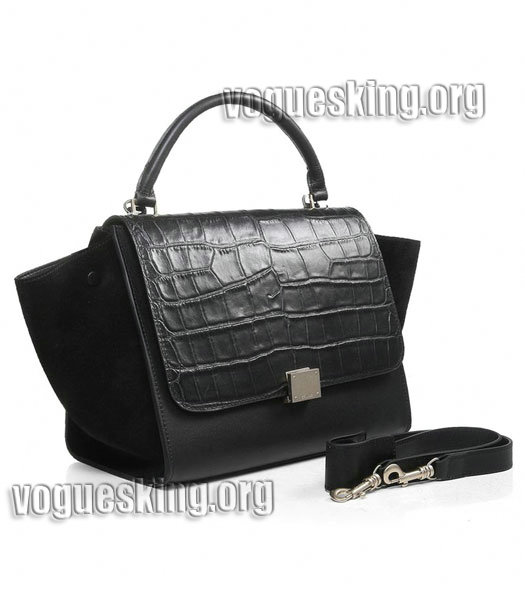 Celine Black Croc Veins Imported Leather With Original/Suede Leather Stamped Trapeze Bag-1