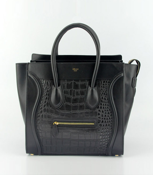 Celine Boston 33cm Smile Tote Bag in Black Croc Veins Leather