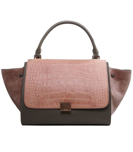 Celine Camel Croc Veins/Suede Imported Leather With Khaki Imported Leather Stamped Trapeze Bag