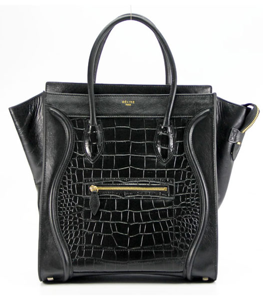 Celine Croc Veins Leather Tote Bag Black_Black