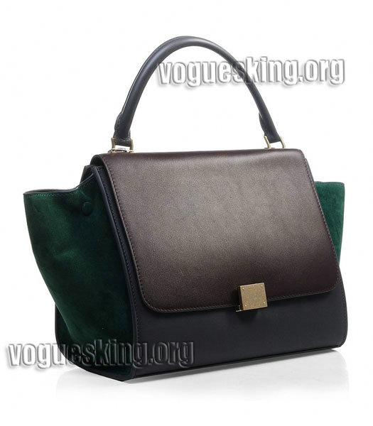 Celine Dark CoffeeGrey Imported Leather With Dark Green Suede Stamped Trapeze Bag-1