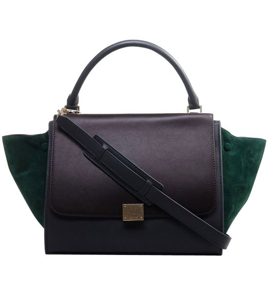 Celine Dark CoffeeGrey Imported Leather With Dark Green Suede Stamped Trapeze Bag