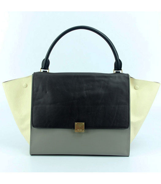 Celine Grey Leather with Offwhite&Black Square Bag Lambskin Leather Lining