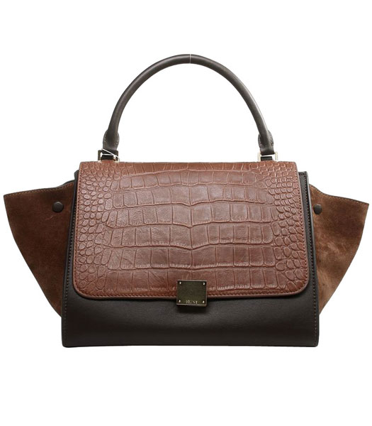 Celine Light Coffee Croc Veins/Suede Imported Leather With Khaki Imported Leather Stamped Trapeze Bag